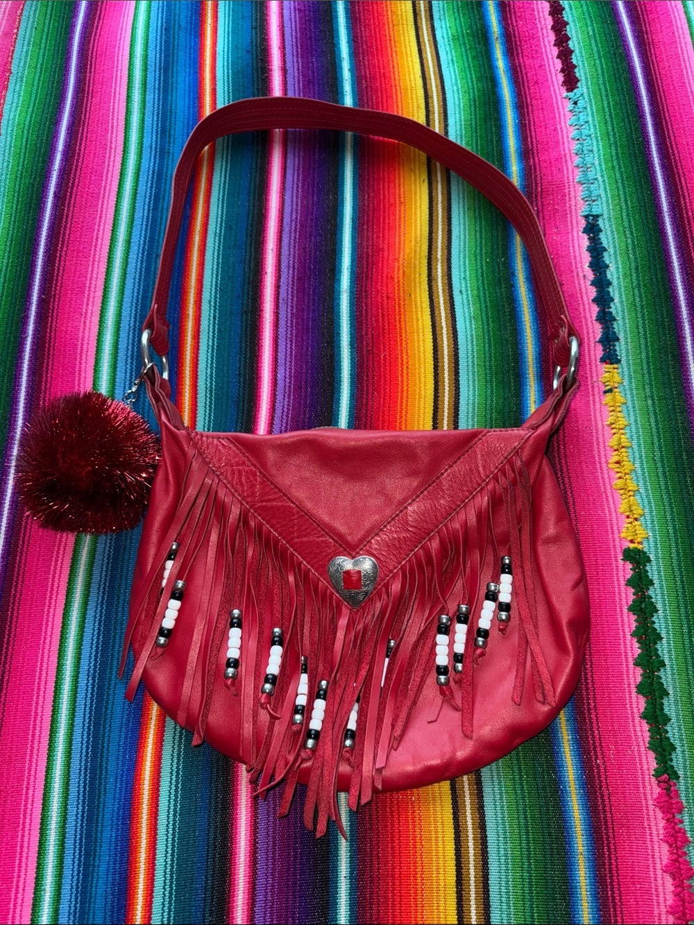 Vintage Western Leather Fringe Beaded Shoulder Purse